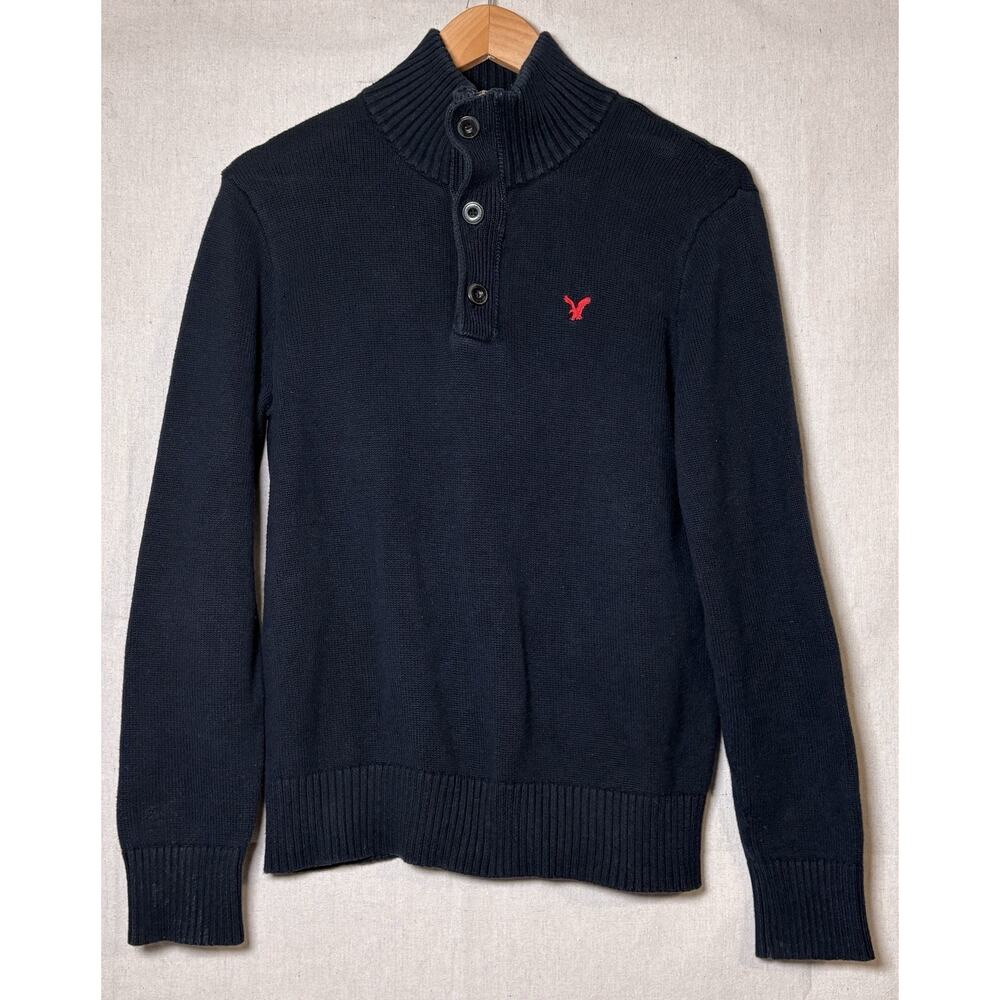 American Eagle Mens 1/4 Quarter Zip Henley Button Navy Long Sleeve Sweater Sz M
